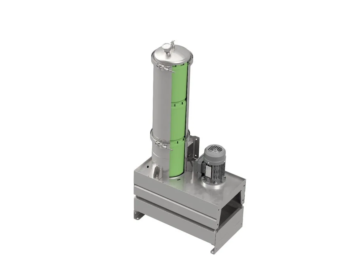 Cutaway of a DX1003 unit: three green DXO cartridges stacked in the filter housing